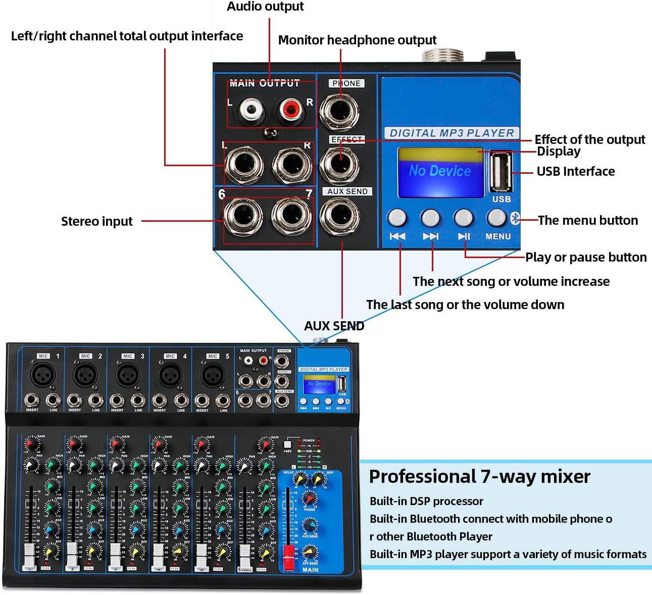 depusheng ht7 bluetooth portable audio mixer wusb dj sound mixing console mp3 jack 48v power for computer recording 7 ch 3